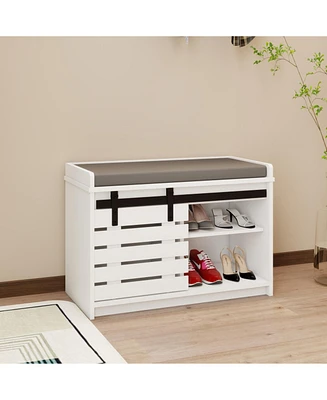 2-Tier Shoe Storage Bench with Barn Door, Adjustable Shelves