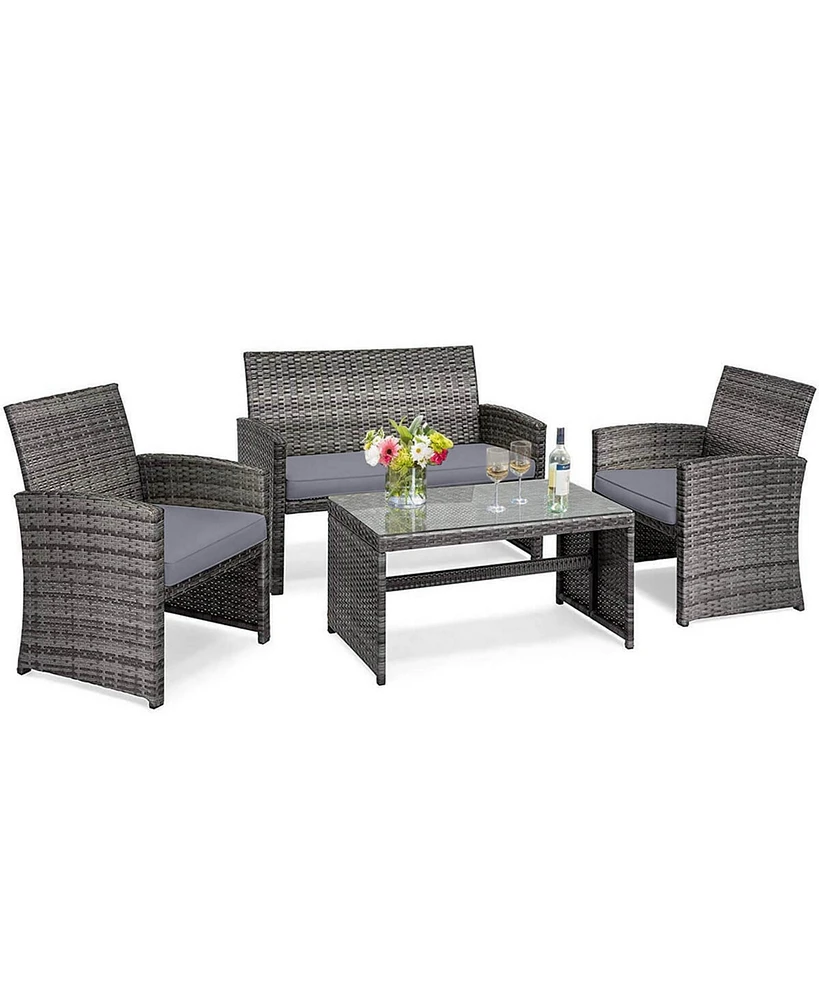 Gymax Set of 4 Rattan Furniture Set Conversation Glass Table Top Cushioned Sofa Patio