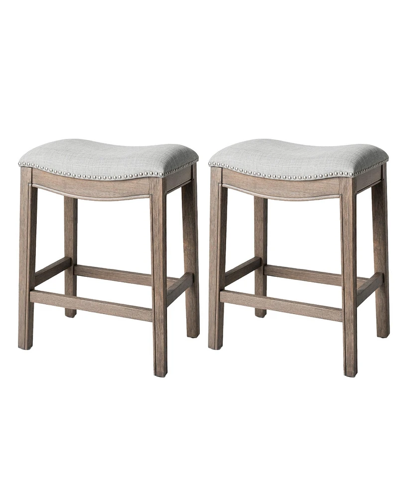 Maven Lane Adrien Saddle Counter Stool in Reclaimed Oak Finish with Ash Grey Fabric Upholstery, Set of 2
