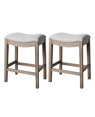 Maven Lane Adrien Saddle Counter Stool in Reclaimed Oak Finish with Ash Grey Fabric Upholstery, Set of 2