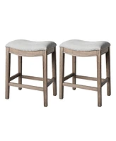 Maven Lane Adrien Saddle Counter Stool in Reclaimed Oak Finish with Ash Grey Fabric Upholstery, Set of 2