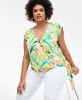 I.n.c. International Concepts Plus Printed Side-Tie Cap-Sleeve Surplice Top
