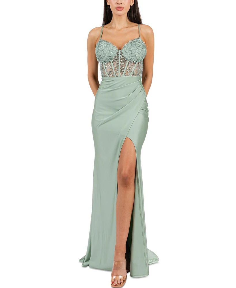 B Darlin Juniors' Strappy Sequinned-Lace Illusion-Corset Maxi Dress
