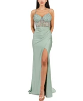 B Darlin Juniors' Strappy Sequinned-Lace Illusion-Corset Maxi Dress
