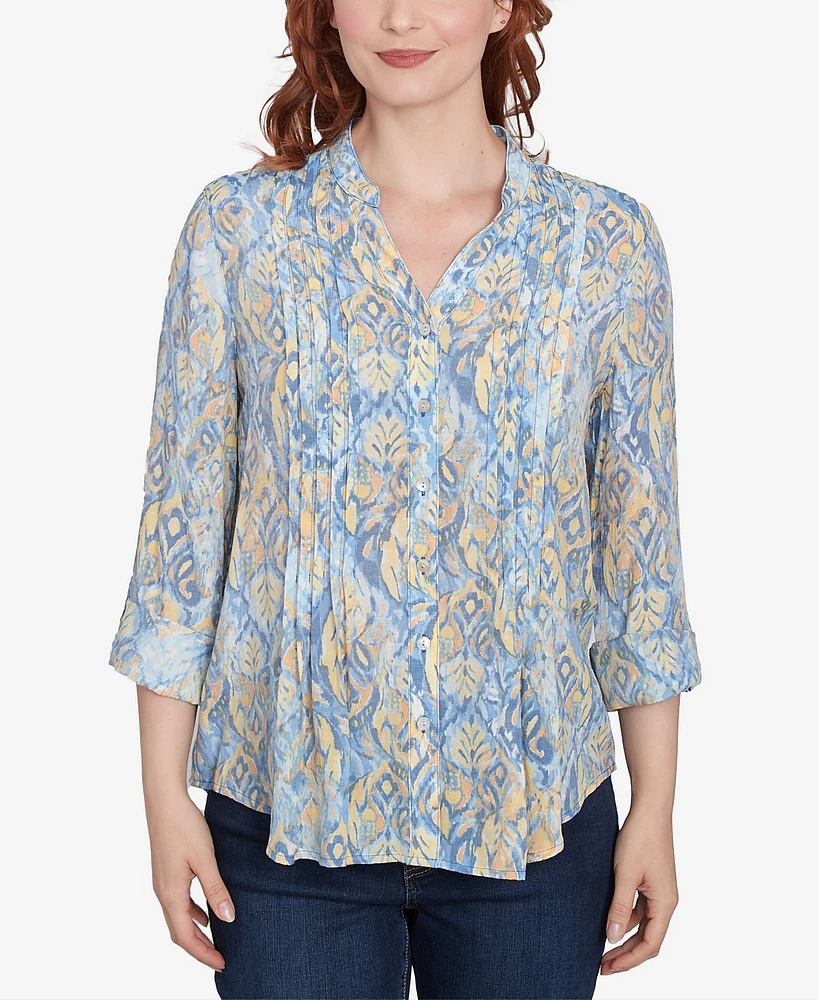 Ruby Rd. Petite Brushed Foulard Button Front Mandarin Collar Top