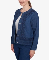 Ruby Rd. Petite Dark Stretch Denim Embroidered Jacket