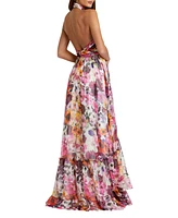 Women's Asymmetrical Ruffled Halter Floral Gown