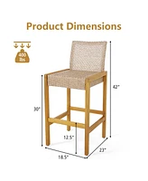 Set of 4 Patio Wood Barstools Rattan Bar Height Chairs with Backrest Porch Balcony