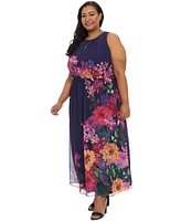 London Times Plus Placement-Print Maxi Dress