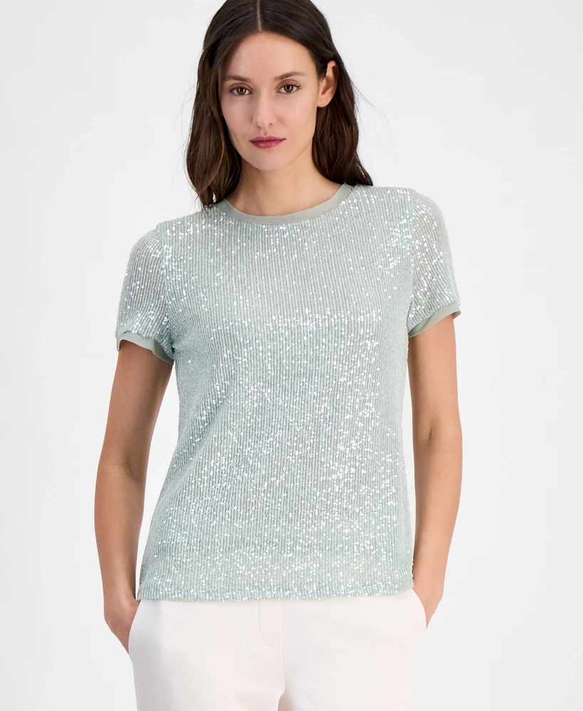 Anne Klein Petite Crewneck Short-Sleeve Sequin T-Shirt