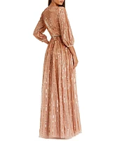 Women's Sequined Wrap Over 3/4 Sleeve Gown