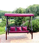 3-Person Patio Swing with Side Tables - Adjustable Tilt Canopy - 600 lb Capacity - Steel and Polyester - Merlot