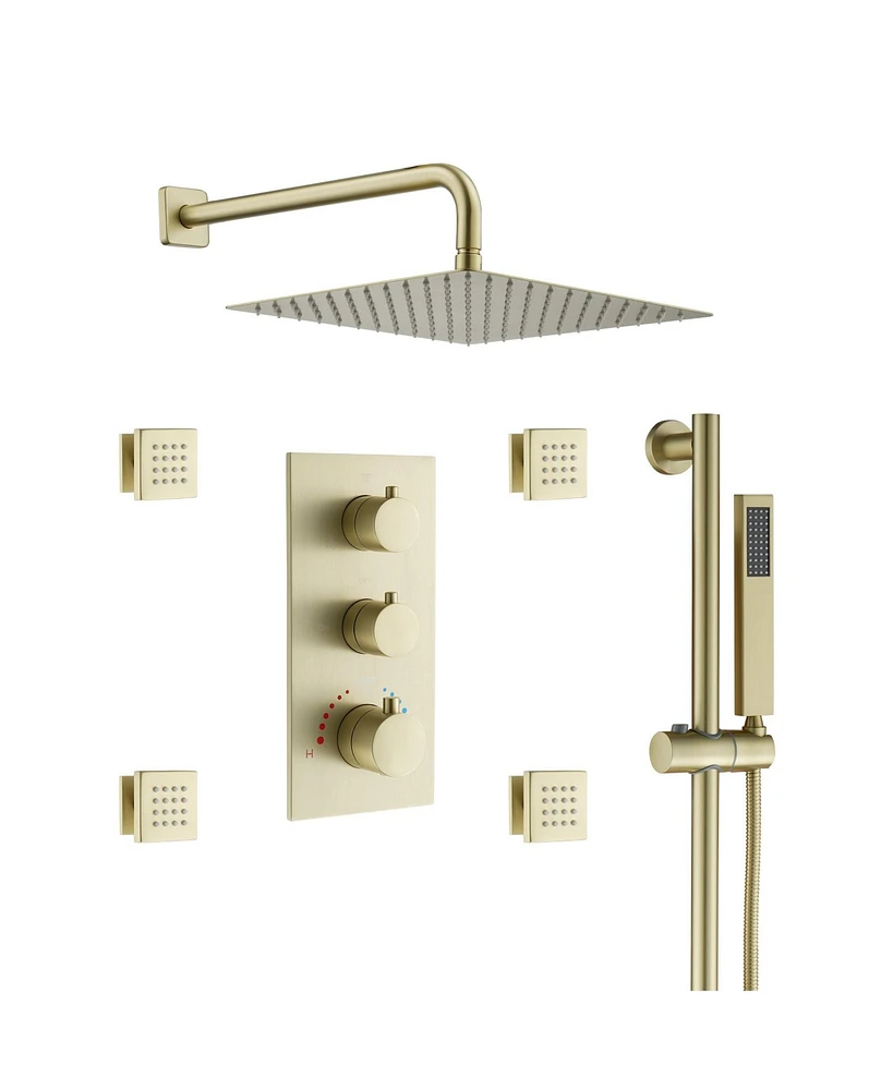 12-Inch Luxury Thermostatic Shower System with Body Jets, Stainless Steel Square Rainfall Head, and Handheld