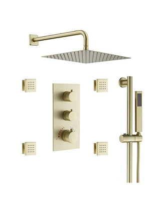 12-Inch Luxury Thermostatic Shower System with Body Jets, Stainless Steel Square Rainfall Head, and Handheld
