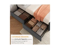 Queen Size Bed Frame with 4 Storage Drawers and Headboard, Linen Upholstered Platform Bed Frame with Wooden Slats Support, Button Tufted Design, No Bo