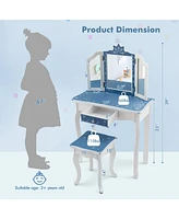 Princess Vanity Table and Chair Set with Tri-Folding Mirror and Snowflake Print