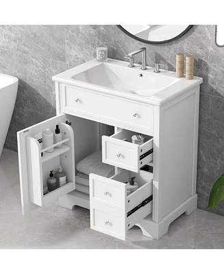 30" White Bathroom Vanity Cabinet with Sink Top and Storage