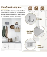 Space-Saving Hall Tree: Sliding Doors, Silvery Hooks, Mudroom Bench, Shoe Storage, Cushion