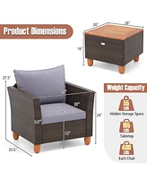 Gymax Set of 3 Rattan Bistro Furniture Set Wooden Table Top Cushioned Sofa Patio