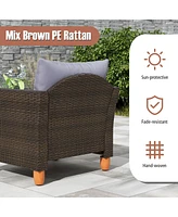 Gymax Set of 3 Rattan Bistro Furniture Set Wooden Table Top Cushioned Sofa Patio