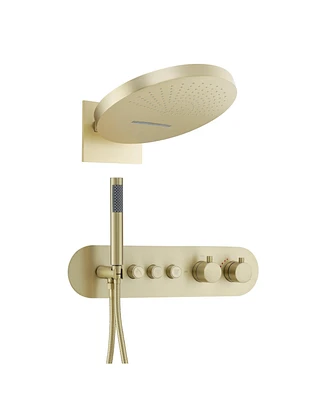 16-inch Thermostatic Shower System 2-Function Wall Mounted All-Copper Set with Rainfall & Waterfall Modes 59" Hose Ergonomic Handheld, Brushe