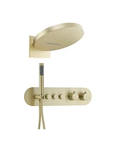 16-inch Thermostatic Shower System 2-Function Wall Mounted All-Copper Set with Rainfall & Waterfall Modes 59" Hose Ergonomic Handheld, Brushe