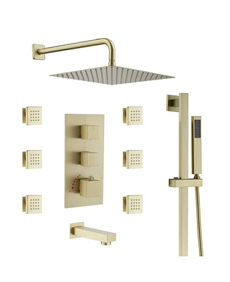 12-Inch Luxury Thermostatic Shower System with Body Jets, Stainless Steel Square Rainfall Shower Head, and Handheld Spray, 6 Side Body Jets, Brushed G