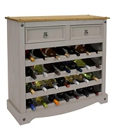 34.5-Inch H 28-Bottle Solid Pine Wine Rack Table - Four 7-Bottle Rows - 2 Drawers - Zinc Alloy Drawer Pulls - Gray