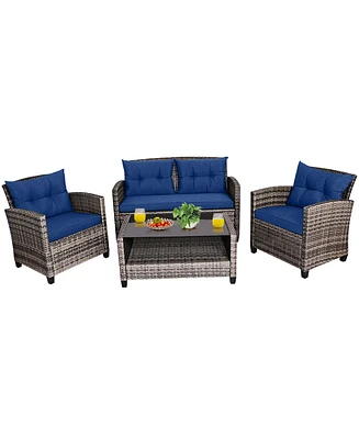 Gymax 4PCS Rattan Furniture Set Coffee Table Cushioned Sofa Garden Lawn Patio