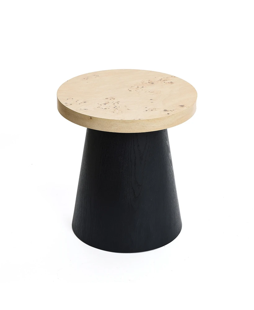 LuxenHome Light Wood Finish Top with Black Base Manufactured Wood Round Side Table