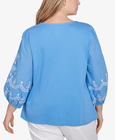 Ruby Rd. Plus Bella Blue Embroidered 3/4 Sleeve Top