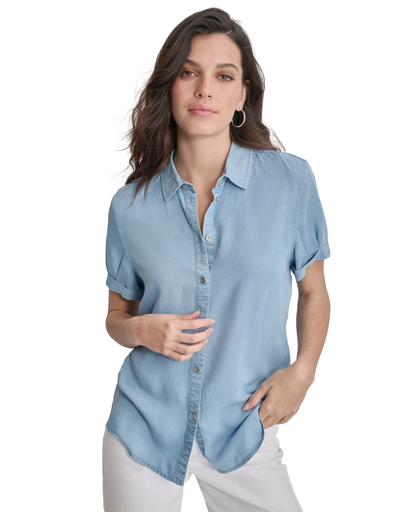 Dkny Jeans Petite Rolled Short-Sleeve Button-Up Shirt