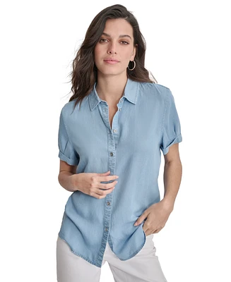 Dkny Jeans Petite Rolled Short-Sleeve Button-Up Shirt