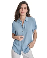 Dkny Jeans Petite Rolled Short-Sleeve Button-Up Shirt