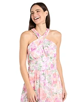 R & M Richards Women's Printed Chiffon Criss-Cross Halter Maxi Dress