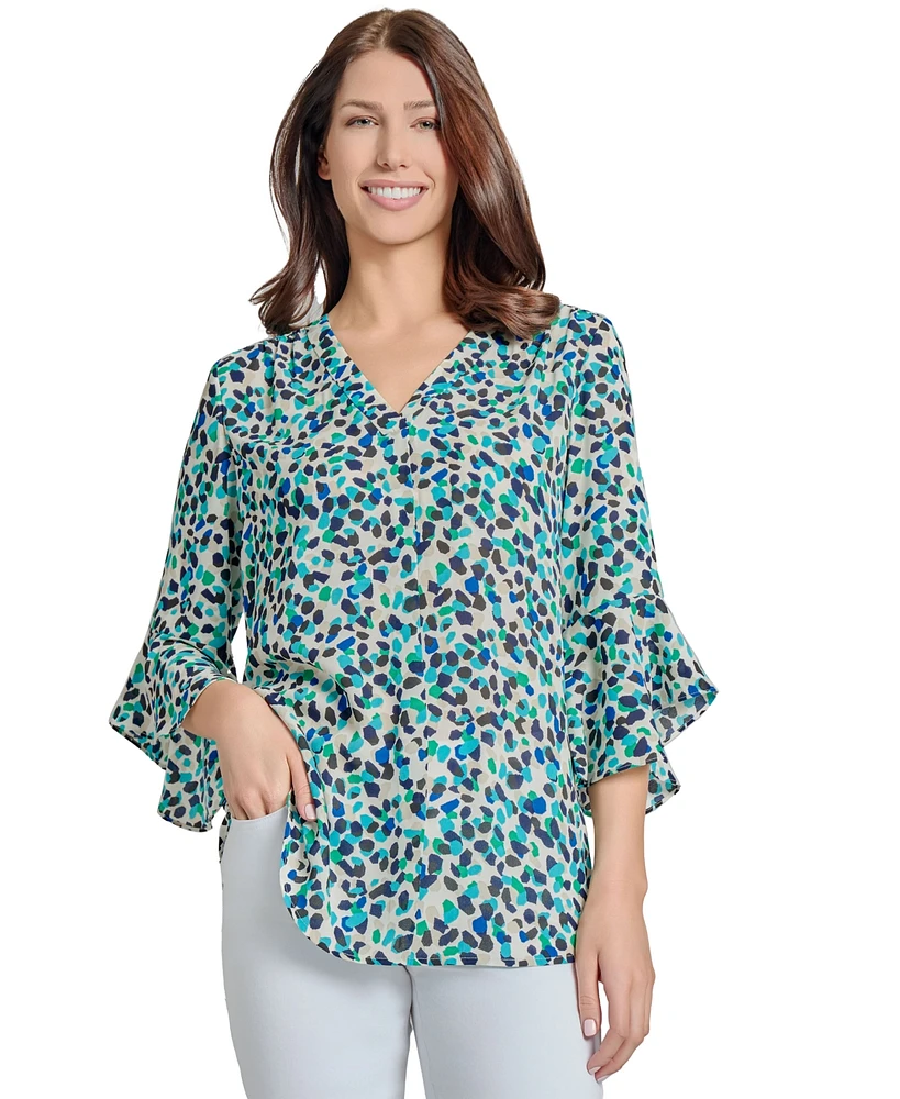 Jones New York Women's Printed Flare-Sleeve Blouse