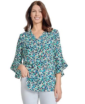 Jones New York Women's Printed Flare-Sleeve Blouse