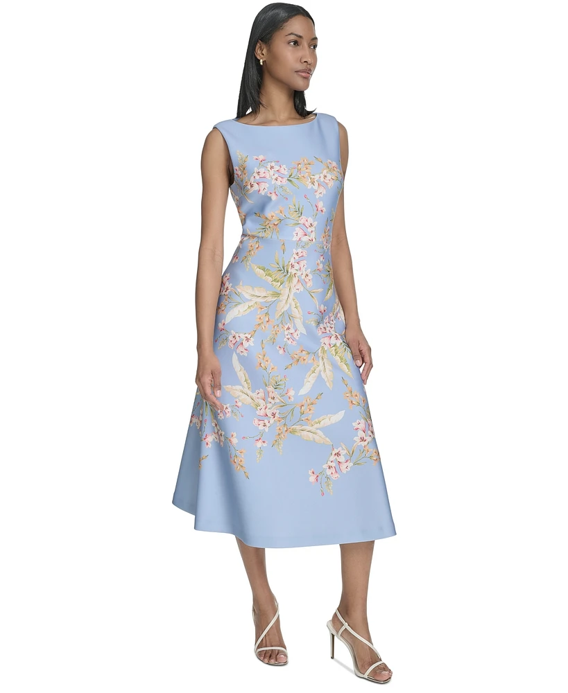Halston Women's Placed-Floral Sleeveless Flare Dress