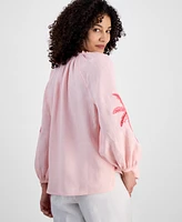 Charter Club Petite 100% Linen Tie-Neck Embroidered-Sleeve Top, Exclusively at Macy's