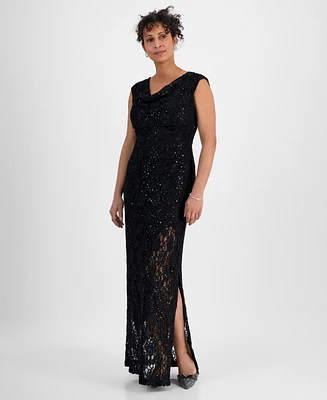Connected Sequined Lace Cowl-Neck Gown