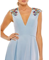 Mac Duggal Women's Beaded Cap Sleeve V Neck A Line Gown