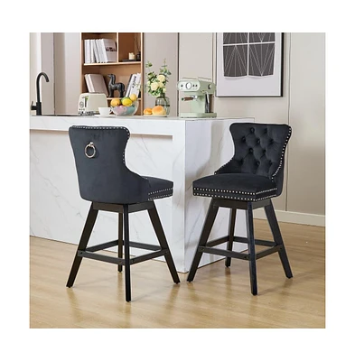 Swivel Velvet Counter Stools with Tufted Back, Nailhead Trim & Wooden Legs, Set of 2-The Pop Home
