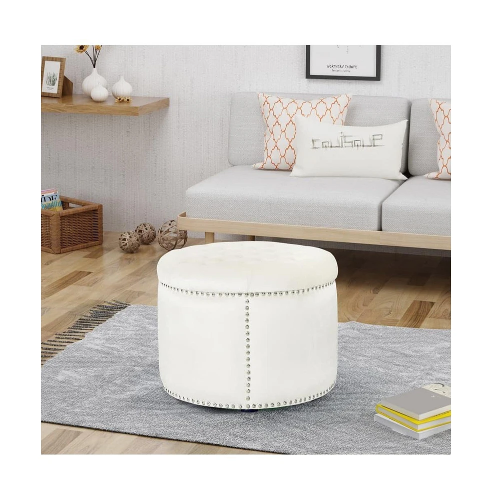 Round Velvet Tufted Ottoman, Upholstered Footrest with Button-Tufted Design & Studded Trim-The Pop Home