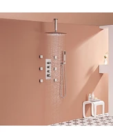 Brushed Nickel Celling Mount Thermostatic Rain Shower System with Handheld and Wall Body Jets 3 Functions Faucet