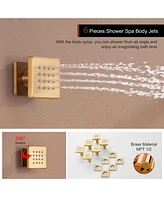 Brushed Gold Celling Mount Thermostatic Rain Shower System with Handheld and Wall Body Jets 3 Functions Faucet