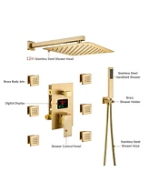 Brushed Gold Wall Mount Thermostatic Rain Shower System with Handheld Shower Shower System with Side Body Jets and Digital Display