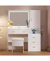 Makeup Table Vanity Desk Set with Lighted Mirror, Charging Station