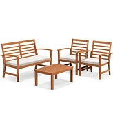 Gymax 4PCS Outdoor Furniture Set w/ Soft Seat Cushions Stable Acacia Wood Frame