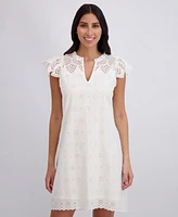 London Times Women's Ruffled Split-Neck Ruffled-Sleeve Cotton Shift Dress