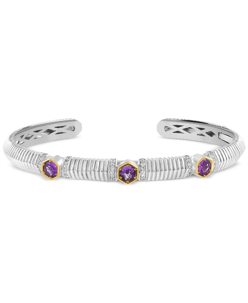 Effy Amethyst (3/4 ct. t.w.) & White Sapphire (5/8 ct. t.w.) Cuff Bangle Bracelet in Sterling Silver & 18k Gold
